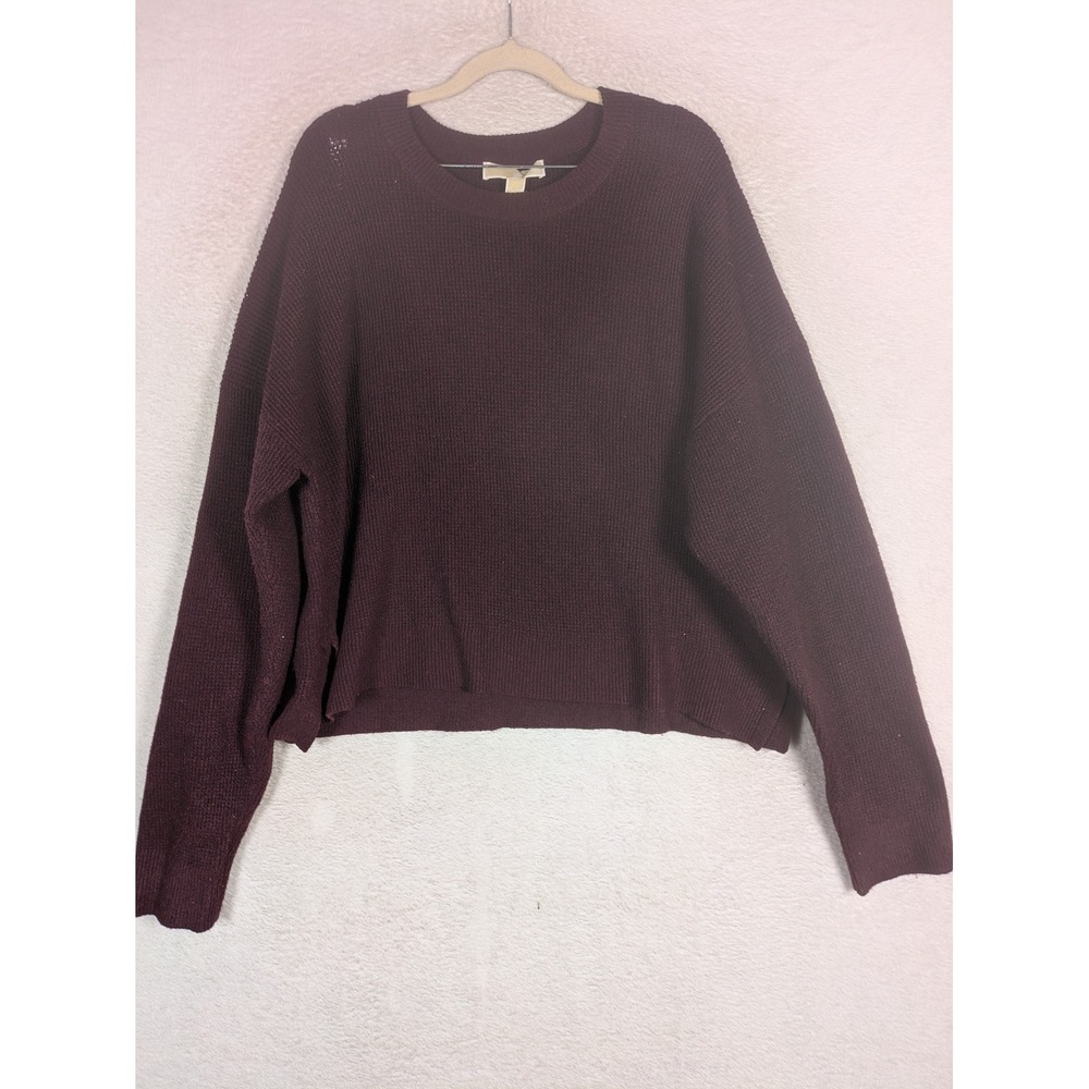 Michael Kors Sweater Women's XL Plum Wool Blend Ribbed Knit Pullover Logo Bar
